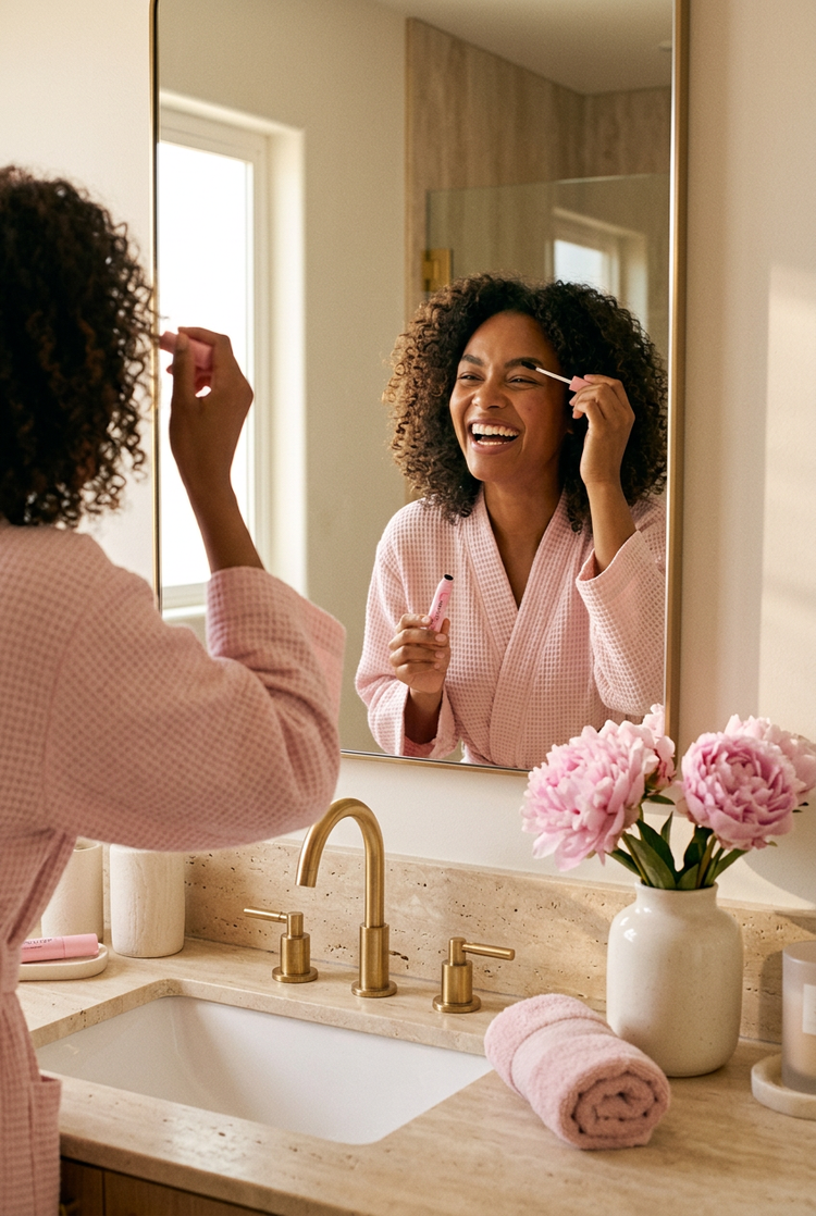 A woman laughing in the mirror while applying Instant Tint