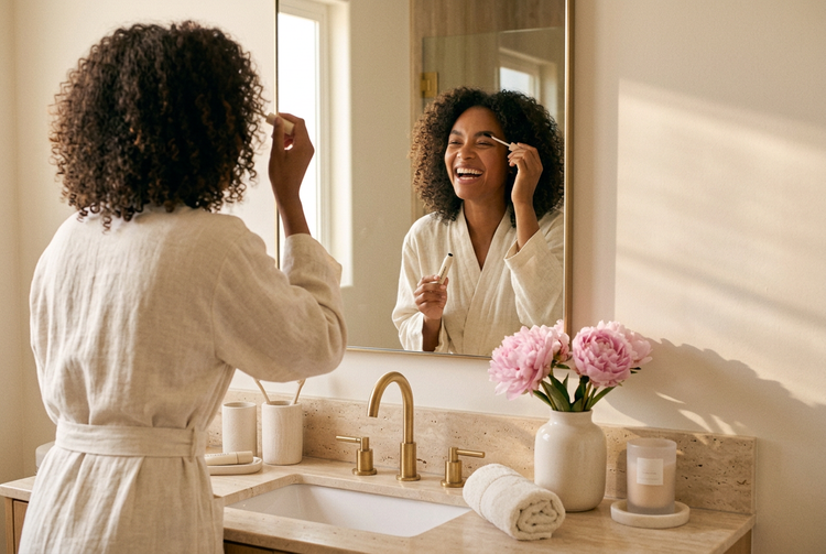 A woman laughing in the mirror while applying Instant Tint