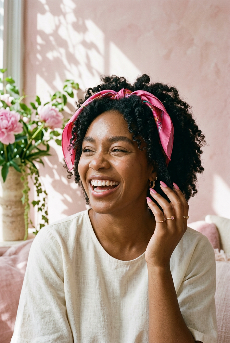 A joyful woman with a pink scarf in her curls laughing in warm sunlight