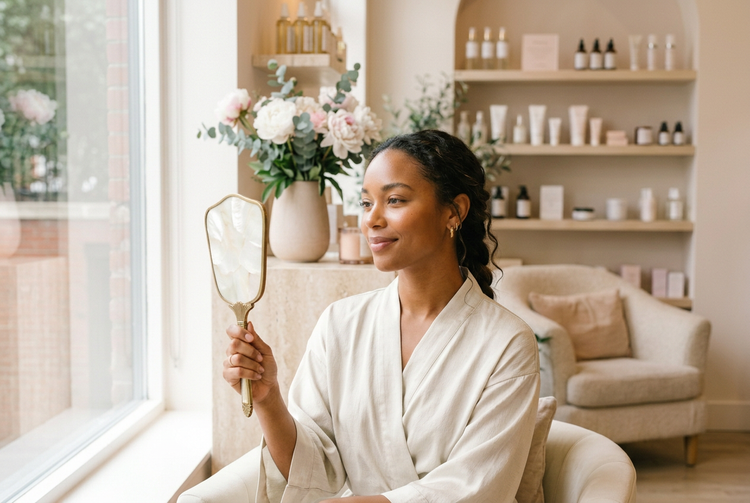 A woman in a pink robe looking into a hand mirror with a calm, satisfied expression