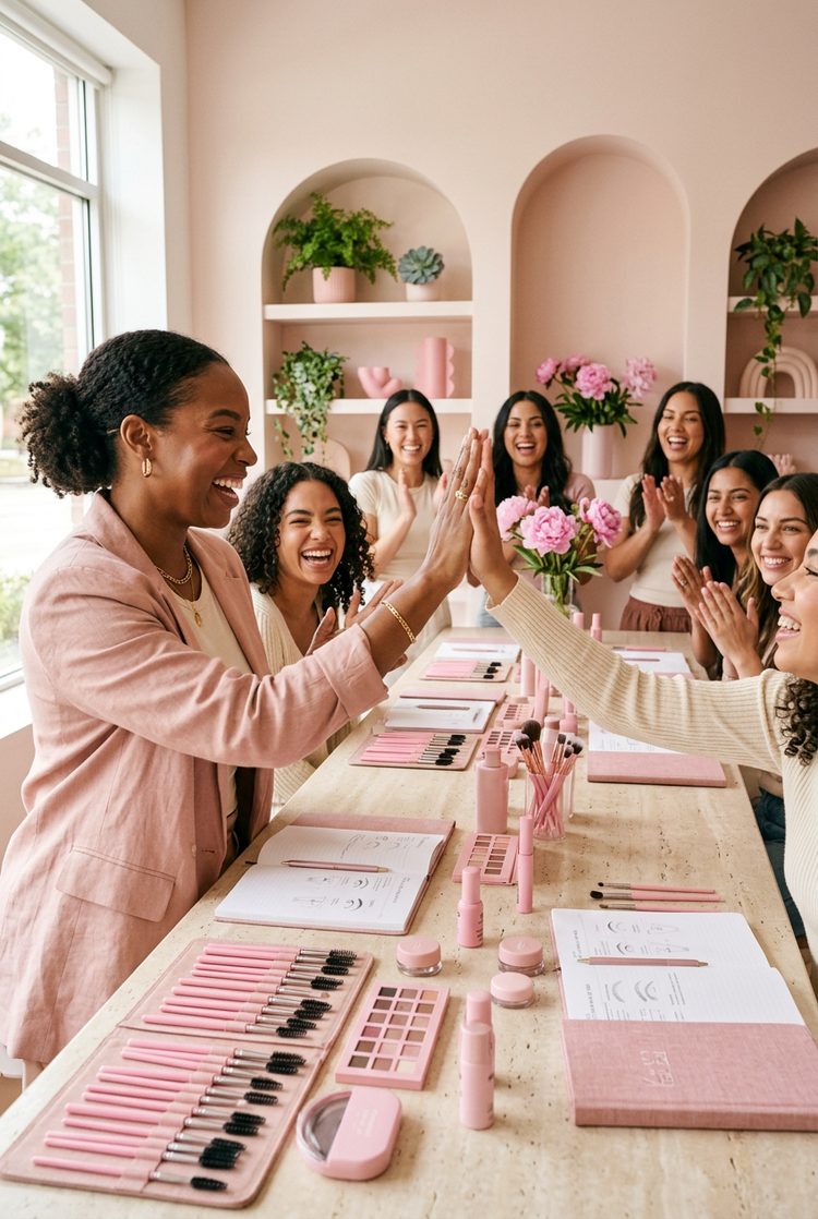 A beauty educator high-fiving a student at a training table full of pink pro tools