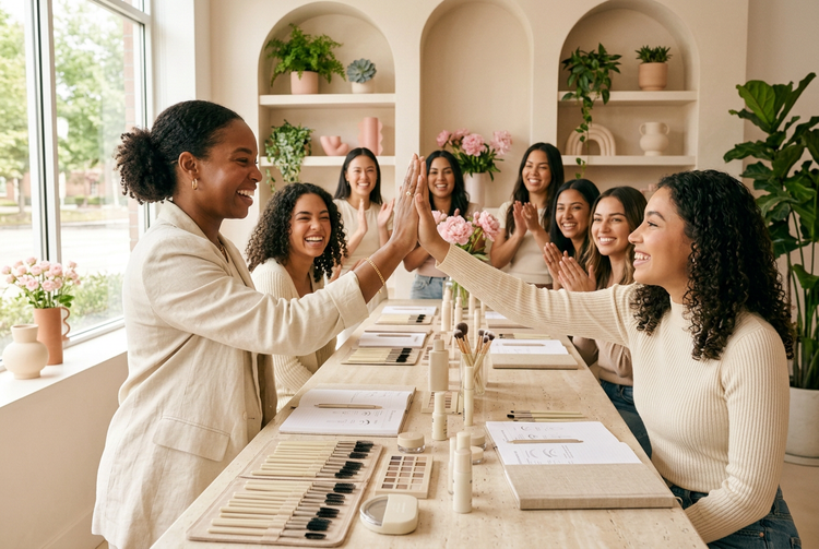 A beauty educator high-fiving a student at a training table full of pink pro tools