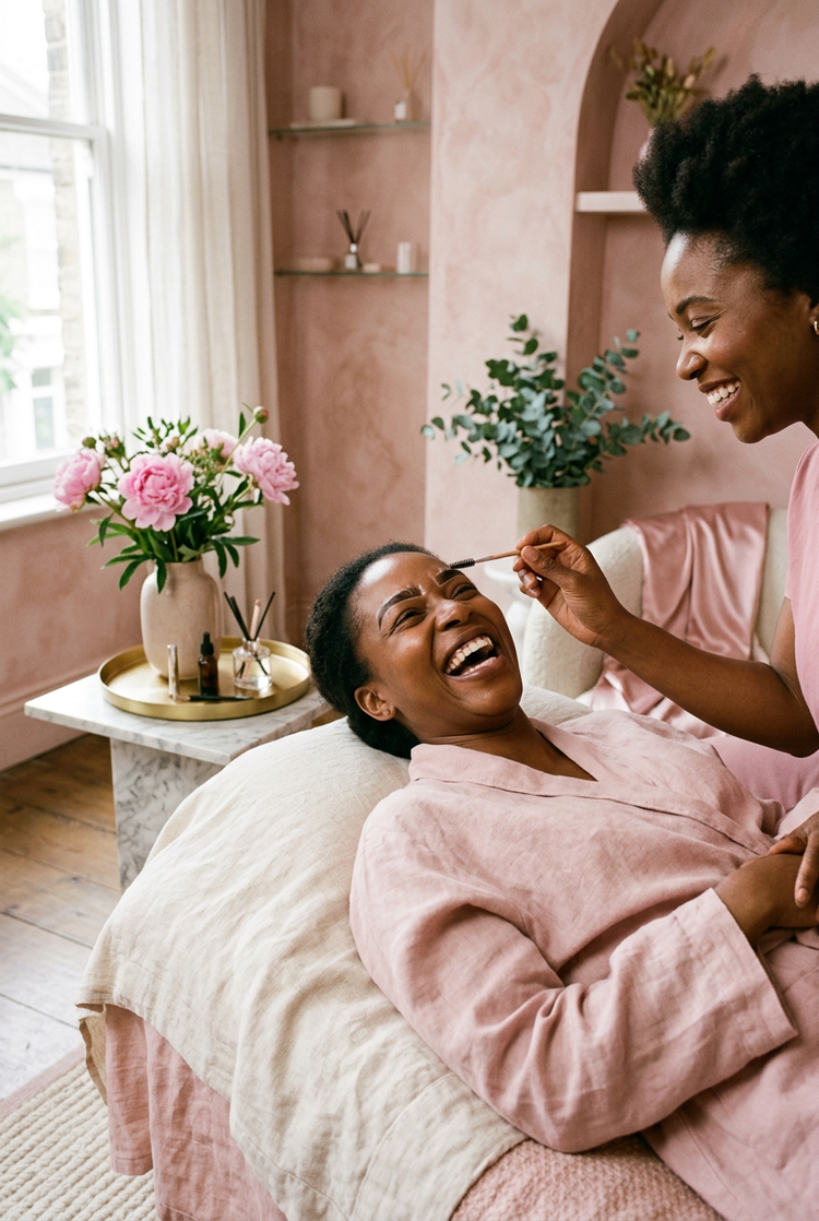 A client in a pink robe laughing during her brow appointment