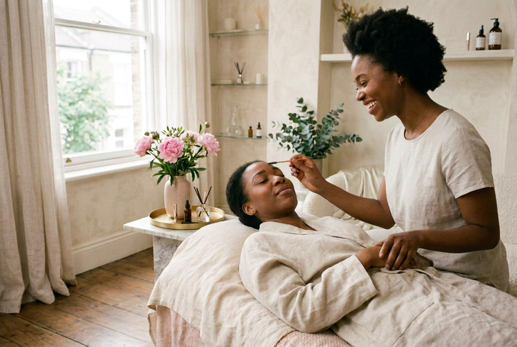 A client in a pink robe laughing during her brow appointment
